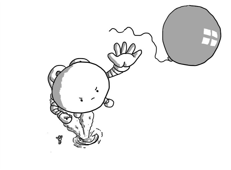 A view from above of a balloon, closest to the frame, floating away as a round robot with a jet pack reaches up to grab its trailing string. The robot looks very determined and its pack has two vapour trails leading to the ground where a distressed child is waving their arms.
