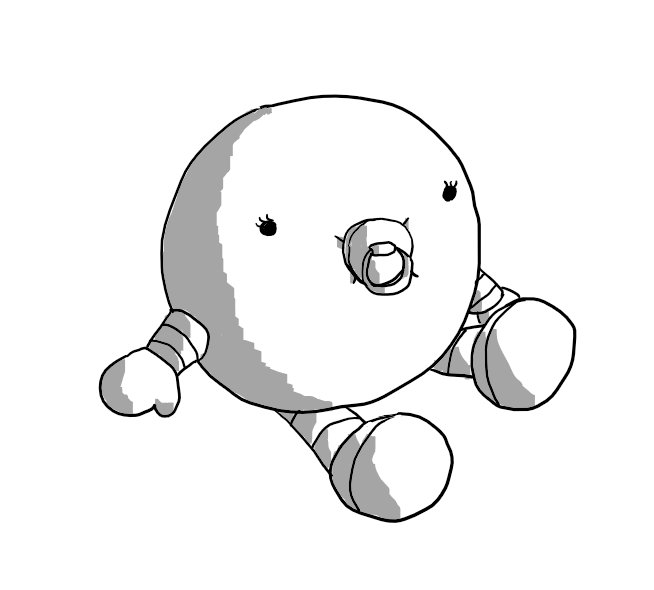 A spherical robot with banded arms and legs. It's sitting on the ground with its feet out in front of it while its mitten-like hands support it. It's sucking on a dummy and its eyes have long lashes.