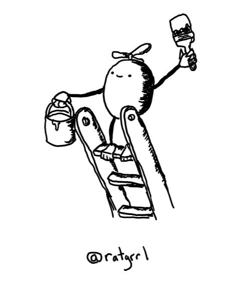 a round robot standing cheerfully on top of a ladder with a paintbrush and pot. its feet have gripping toes to hold it to its rung and a currently inactive propeller is on its top