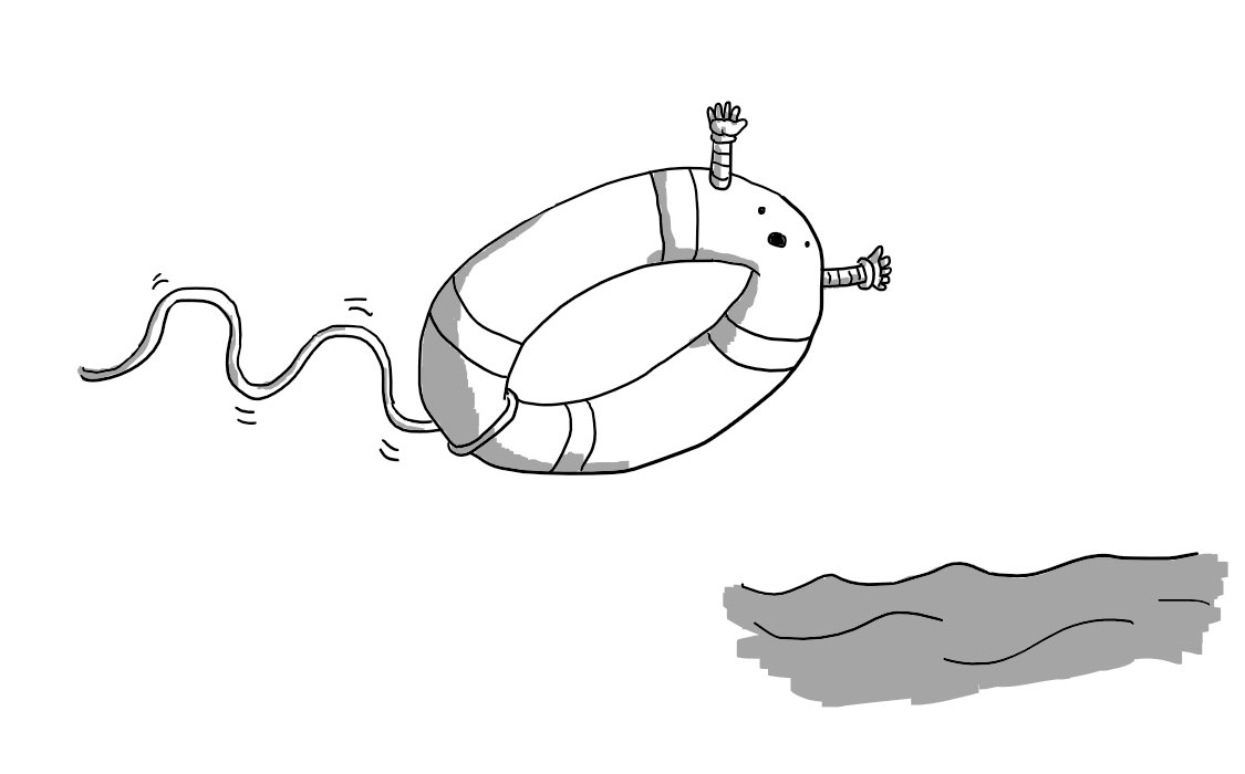 A robot in the form of a lifering/life preserver, with its face on ome edge and two little arms outstretched to either side, hurling itself into a stretch of water, an expression of alarm on its face as the rope connecting it to land unspools behind it.