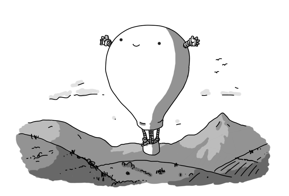 A robot in the form a hot air balloon. The robot's body is the envelope, and a small, cylindrical gondola hangs down beneath it, connected by banded tethers. Two people are riding in it, one of whom is pointing to something on the ground. The robot has two little banded arms held out from its body and is smiling happily. The landscape below consists of rolling hills with fields and the dim outlines of trees and possibly buildings on them, with a ridge of mountains in the background. Three birds are flying off to one side in the distance.