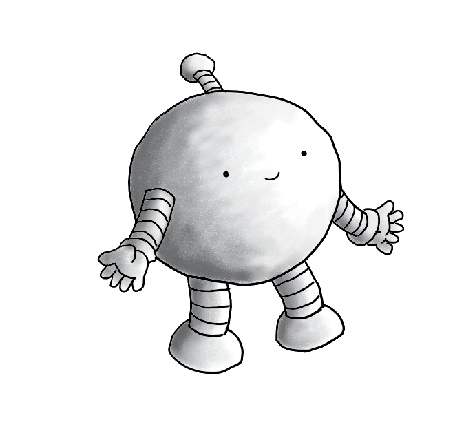 A spherical robot with banded arms and legs and an antenna. Instead of the usual two-tone white and grey shading, the robot is shaded in a soft gradient.