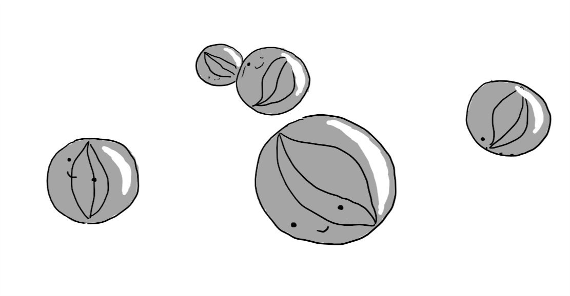 Five robots in the form of children's marbles, complete with swirls on the inside. All are smiling happily, at various angles.