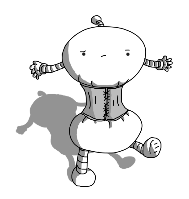 A robot with banded arms and legs and an antenna, squeezed into a corset-like girdle that is constricting its midsection, squashing it into a figure-8 shape. It looks rather unimpressed by the situation.