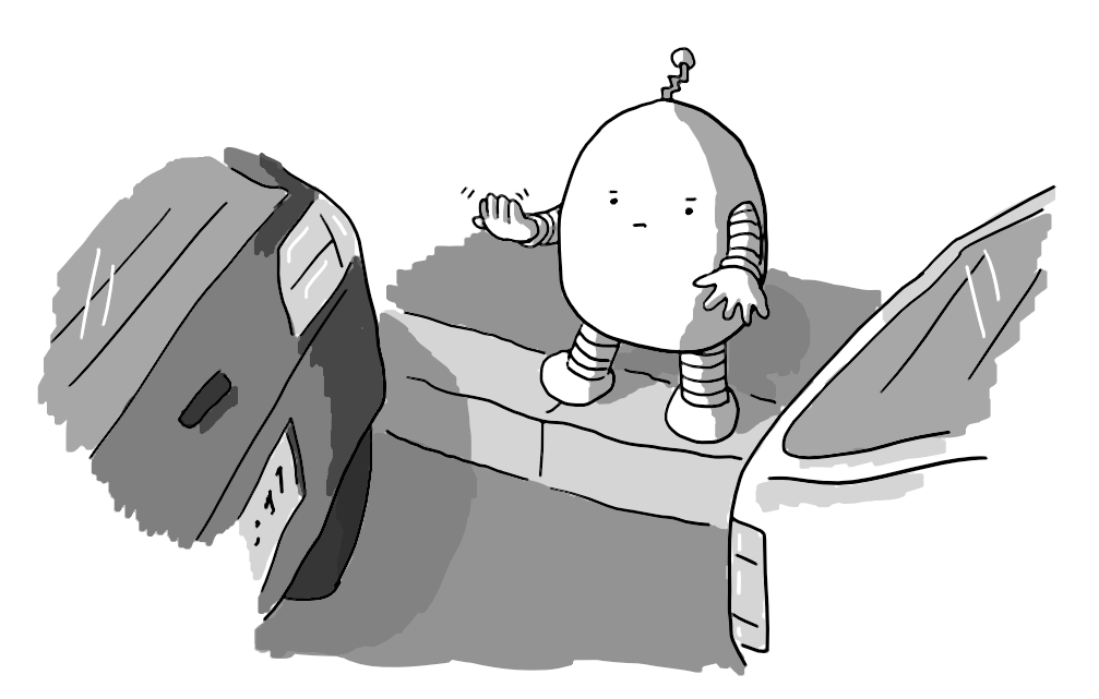 A round-topped robot with banded arms and legs standing on a kerb, beckoning a reversing car towards it while keeping an eye on the rear of the parked car next to it.