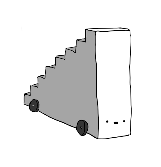 A robot shaped like a solid staircase with wheels on the bottom. Its cheerful face is on the higher end, but near the base, so the treads go down its back.