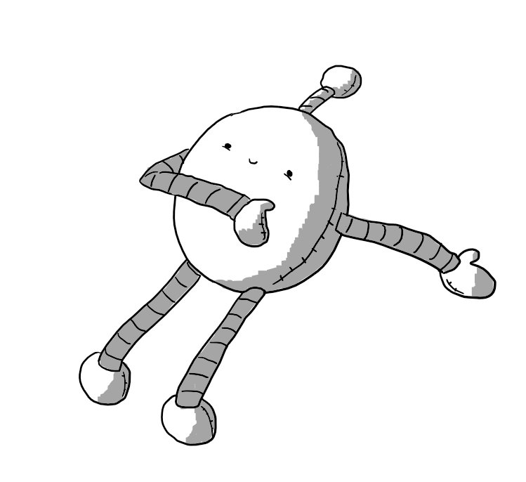 A smiling, ovoid robot with long, banded arms and legs and an antenna topped by a little sphere. The robot has visible stitching on the sides of each of its components, eyes that appear slightly recessed in a soft surface and its limbs are loose and askew, as if it's been haphazardly laid on a bed or chair.