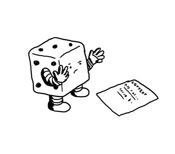 A robot dice, frowning down at a lottery ticket as it counts off on its fingers.