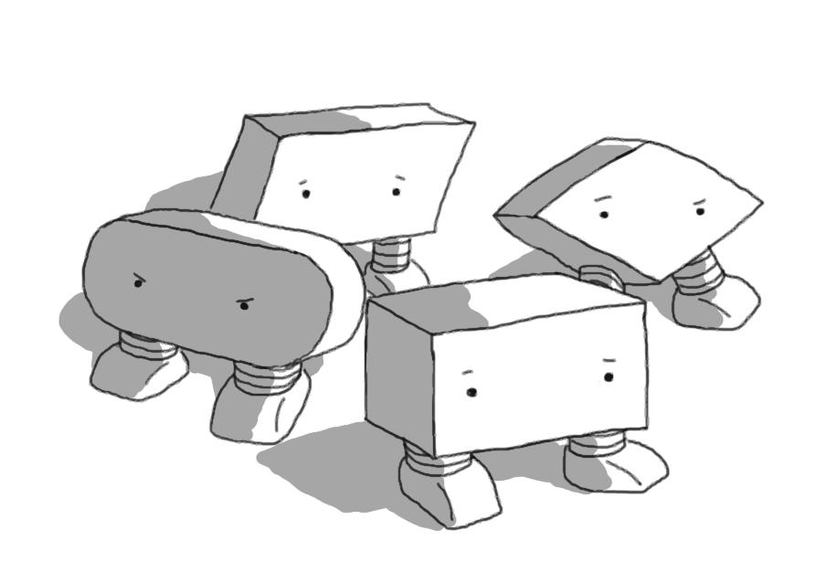 Four robots with banded legs. They are shaped like 3-D versions of operators in flow charts: one is a rectangle, one an elongated lozenge, one a parallelogram and one a diamond. The robots just have eyes, making different expressions: the rectangle faintly worried, the lozenge angry, the parallelogram scared, the diamond quizzical.