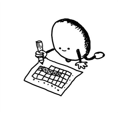 an egg-shaped robot kneeling over a calendar and thoughtfully marking off days with a pencil.