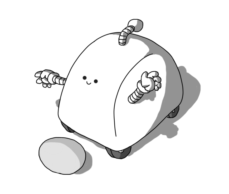 A semi-cylindrical shaped robot with wheels on its underside, two banded arms and an antenna. It has a little smiling face on its rounded side and there's a single egg lying in front of it.