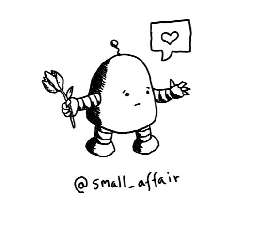 A robot with a rounded top and a little antenna bringing a tulip and holding out a hand as it makes an expression of sympathy and understanding. It has a speech bubble with a heart in it.