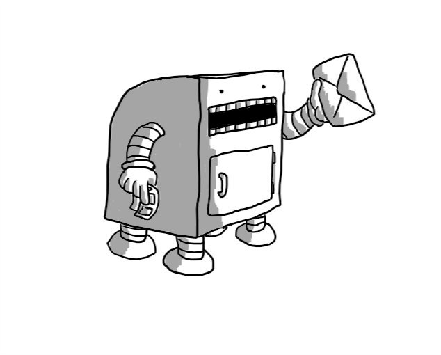A robot in the form of a cuboid post box with a curved back. The slot is its mouth, complete with rows of teeth and it has a hatch on its front. It has four stumpy legs on the bottom and two arms, one of which us holding a strip of stamps while the other holds up an envelope.