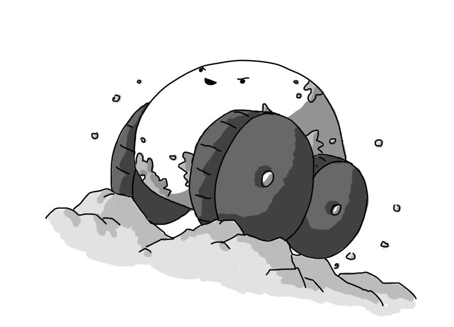 A dome-shaped robot with four large, ridged wheels, driving over a craggy surface, spraying dirt and rock in all directions and covered in smears of mud. It's smiling with triumphant glee.