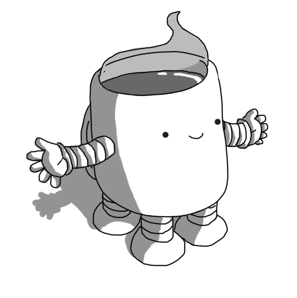 A Teabot, except it has four banded legs and two banded arms instead of its usual tracks.