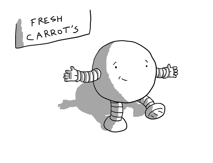 A spherical robot with banded arms and legs shrugging nonchalantly in front of a sign that reads "FRESH CARROT'S".