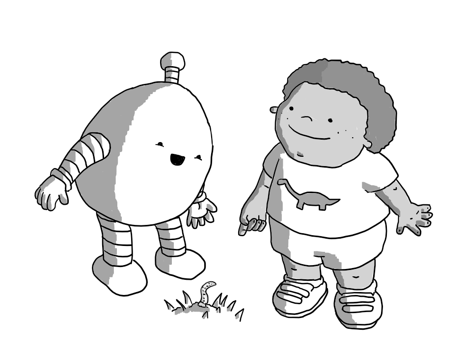 An ovoid robot with banded arms and legs and an antenna standing beside a child in shorts and t-shirt who is happily pointing down at a worm they've found in the ground. The robot looks utterly delighted to be shown the worm.