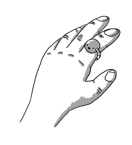 A person's hand that has tiny, smiling spherical robot on the index finger, secured with a segemented band.