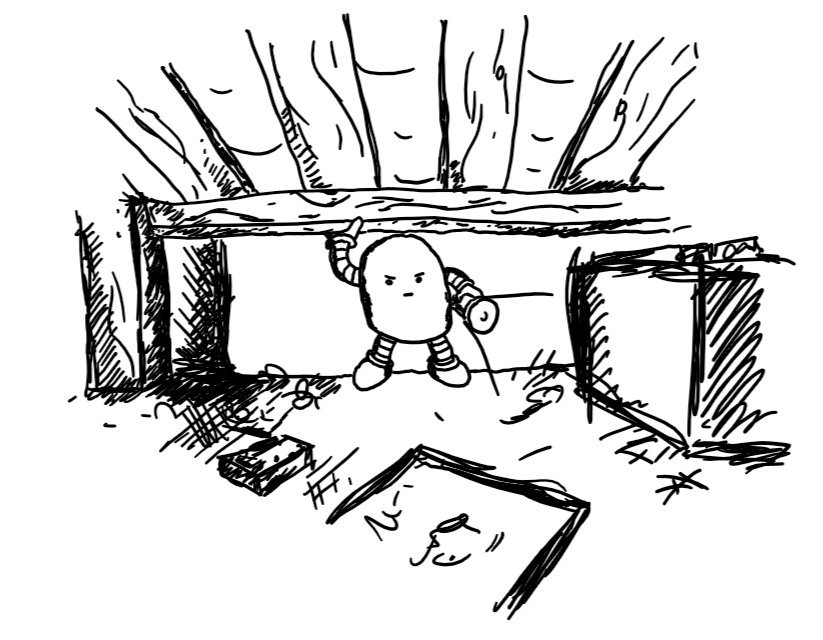 A rounded robot with a determined expression shining a torch under a bed and showing lots of dusty boxes, books, discarded toys etc.