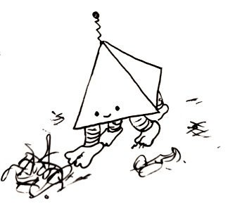 A pyramidical, quadrupedal robot walking cheerfully through a pile of fluff. Each foot has four toes, between which the fluff is getting caught.