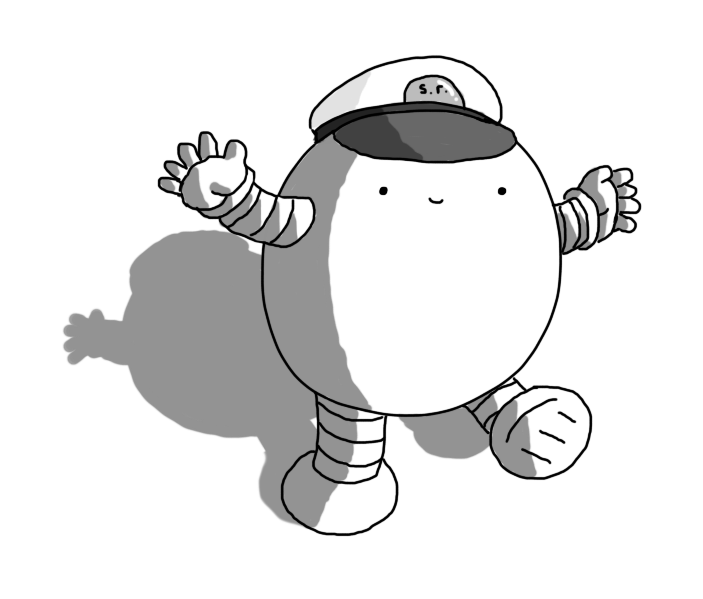 An ovoid robot with banded arms and legs, wearing a peaked captain's hat and smiling.