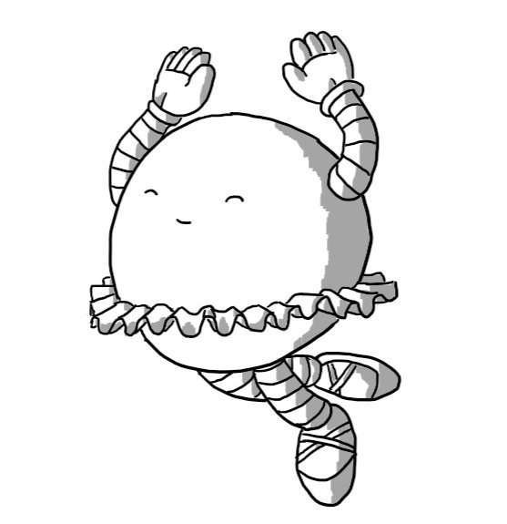 A spherical robot wearing ballet shoes and a tutu, jumping up in the air with its arms raised, eyes closed and a beatific smile on its face.