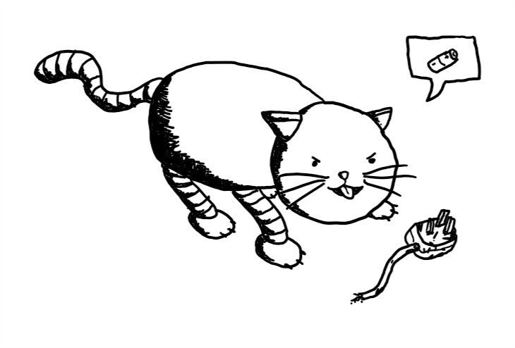A robot cat making a slightly menacing face as it presents a torn wire with a plug on the end. It has a speech bubble with a picture of a battery in it.