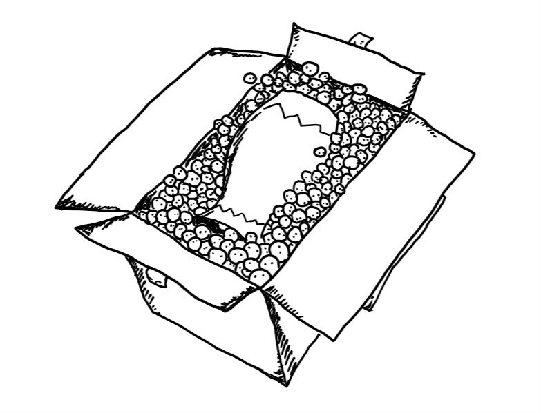 A cardboard box, open at the top and containing a vase lying on its side which is surrounded by hundreds of tiny, spherical robots packed tightly.