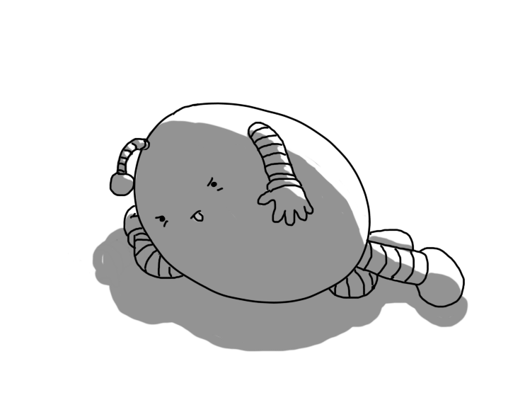 An ovoid robot with banded arms and legs, lying on the ground with one arm resting beneath it, its antenna drooping and making a grumpy face as it sticks out its tongue.