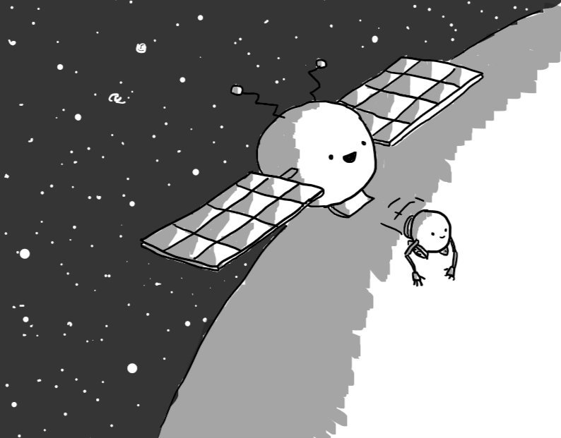 A spherical robot with big solar-panel wings like a satellite, in orbit above a planet with a dark starfield behind. A hatch on its bottom is open to release a second, smaller robot with tracks and long, jointed arms.