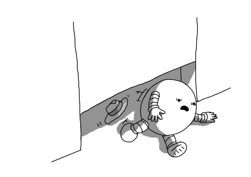 A spherical robot with banded arms and legs, rolling beneath a descending door. A fedora seems to have been displaced during its motion, and is wobbling to a halt on the other side of the door.