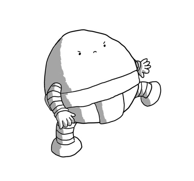 A wide, rounded robot with a tapering top and wearing a mawashi. It has banded arms and legs and is performing a shiko (the 'sumo stomp' with one leg) with a stern expression on its face.