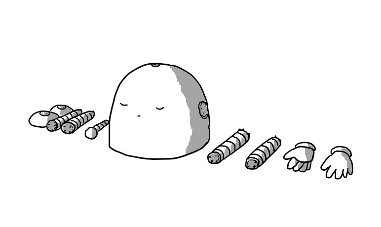 A small robot in pieces neatly laid out in a row. Starting from the left are two round feet, two banded legs, an antenna, a dome-shaped body with a face on the front with its eyes closed and a neutral expression, two banded arms and a pair of gloved hands. There are round ports with four-pronged connectors or sockets where each piece fits together.