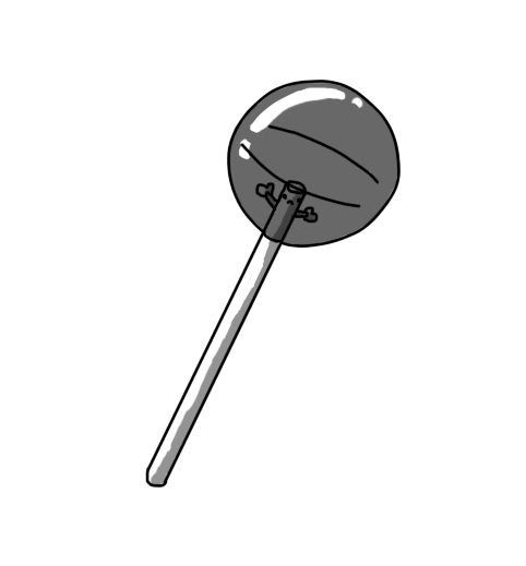 A robot in the form of a lollipop. The robot is the stick, with its face and arms embedded in the lollipop itself. It looks distressed.