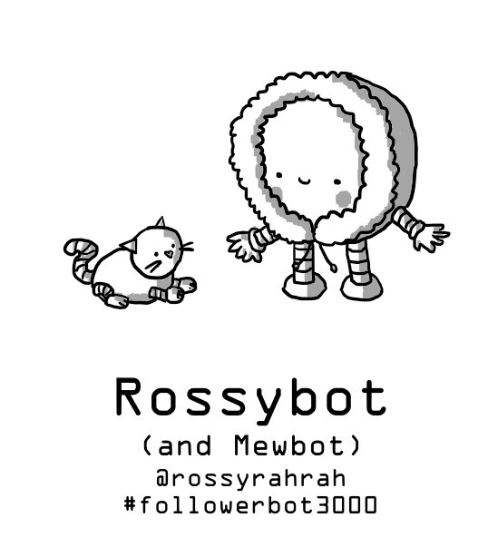 A little robot in a fluffy parka hood with rosy cheeks, smiling down at a smaller Cattobot.