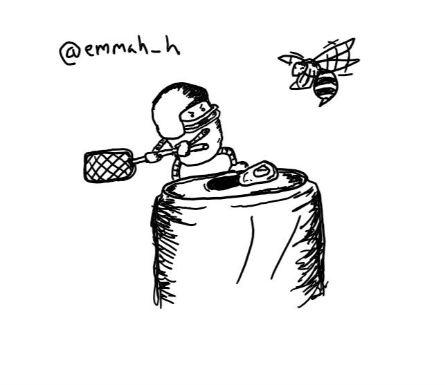 a small, pill-shaped robot stands heroically on the lip of an open drinks can, fearlessly weilding a swatter while wearing a protective helmet with face-guard. it glares balefully at a hovering wasp nearby.
