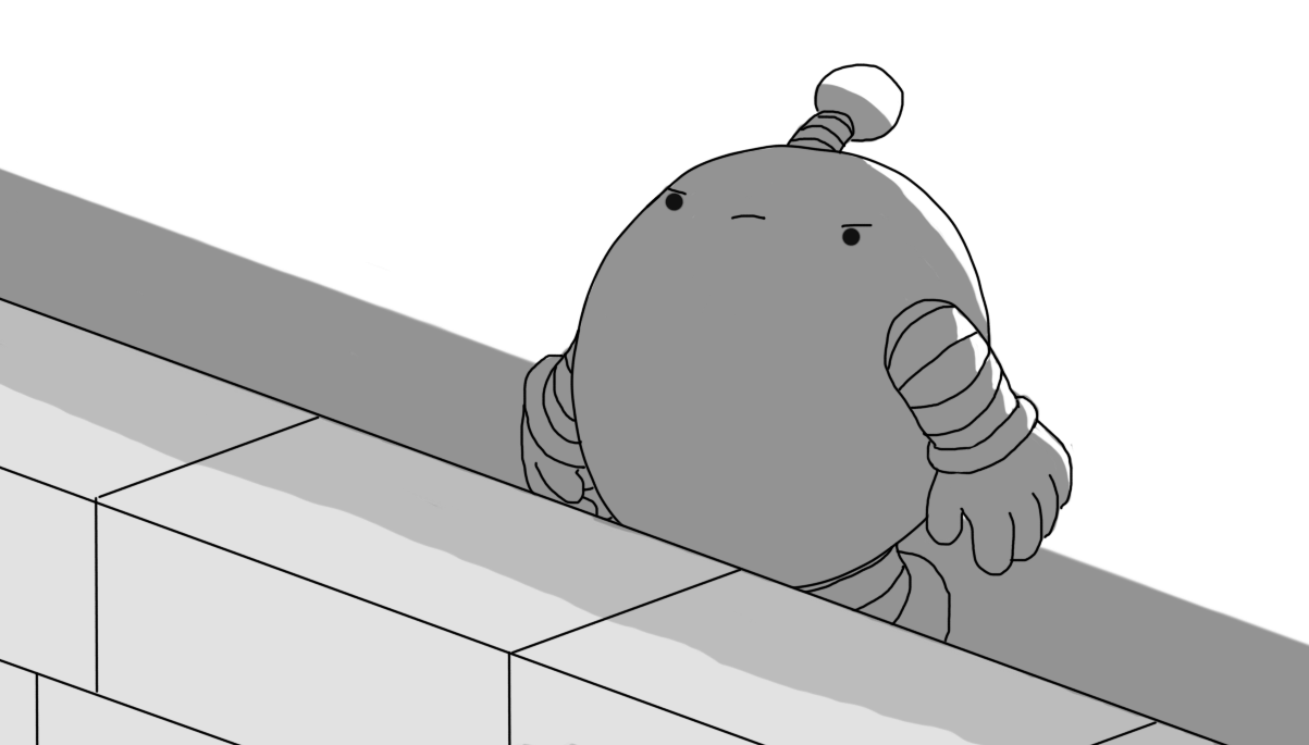 A spherical robot with banded arms and legs and an antenna, standing in the shadow of a brick wall, angrily glaring upwards and pushing itself up slightly on its feet.