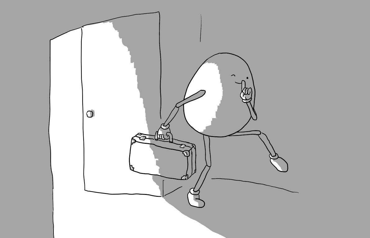An egg-shaped robot with long, jointed limbs tiptoes through a door into a darkened room. It has a briefcase in one hand and is holding a finger of the other to its smiling mouth. It winks mischievously towards the frame.