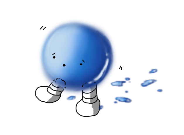 A robot in the form of a sphere of blue water with banded legs. It's walking along uncertainly, leaving little puddles behind it and wobbling very slightly.