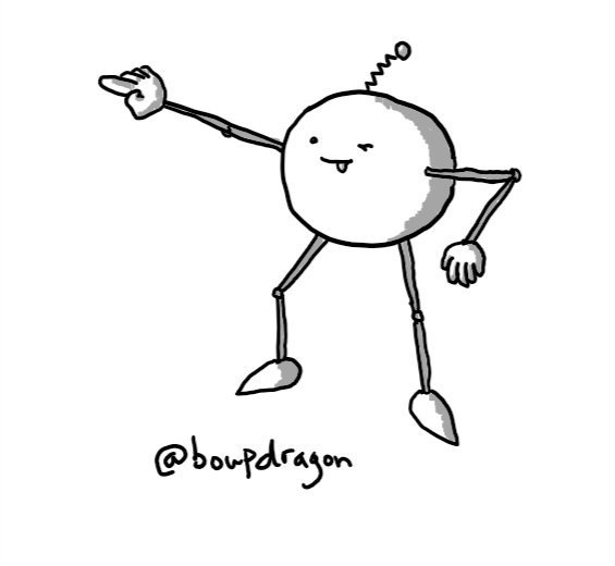 A spherical robot with slim, jointed arms and legs, reaching upwards with one finger extended. It had one eye squeezed shut and its tongue sticking out.