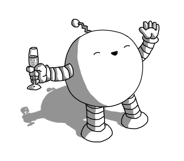 A spherical robot with banded arms and legs and a zigzag antenna, holding a flute of something sparkling in one hand while waving with the other. It looks very happy and has its eyes closed, as if basking in adulation.