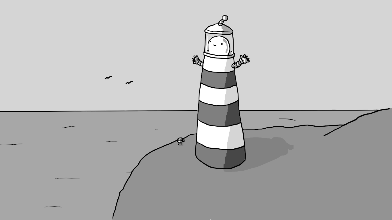 A robot in the form of a lighthouse, of the stripy, tapering variety. It has two arms near the top and its head is the bulb in the top section, which also has an antenna. It's set on a headland looking out to see, with Wistfulbot standing nearby.