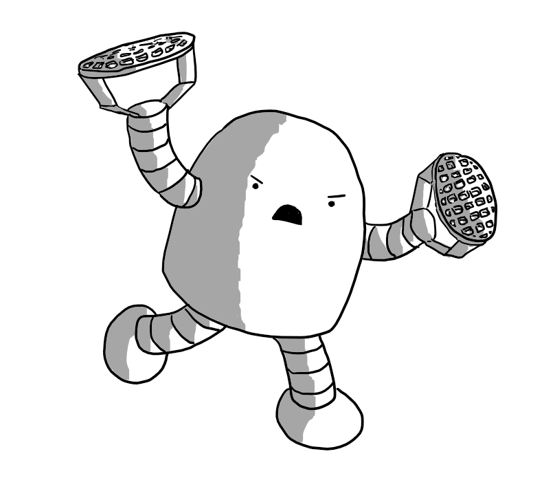 A round-topped robot with banded arms and legs and potato mashers instead of hands, angrily running towards something.