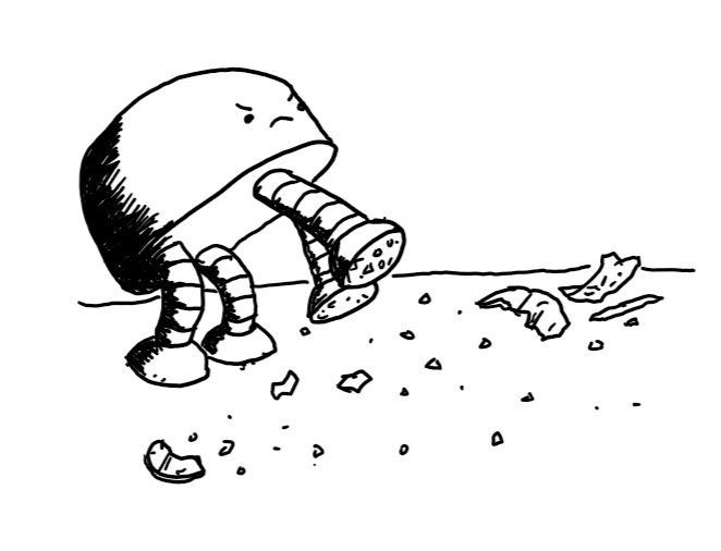 a wide, dome-shaped robot with four thick banded legs with round feet that have shards of glass on the bottom. There is broken glass all over the floor around it and it has an angry little face as it stomps towards the next bit.