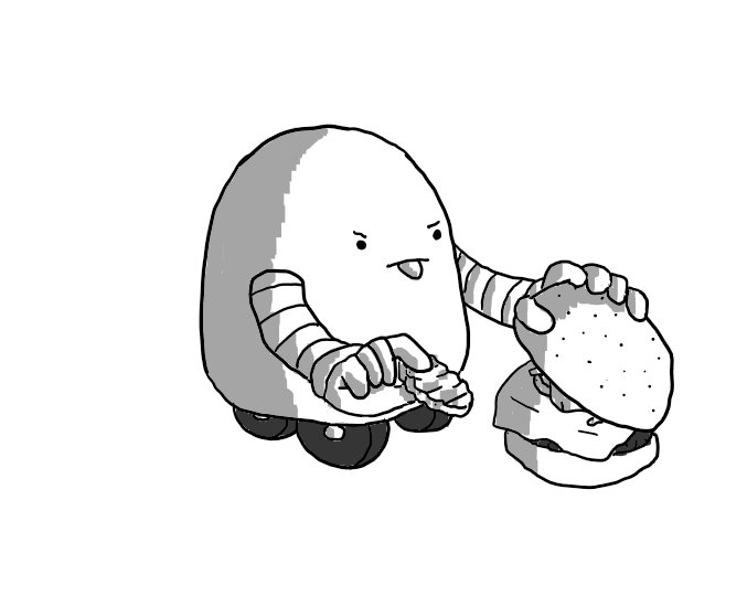 A round-topped robot with banded arms and four wheels on its base lifting up the top bun of a burger removing a slice of pickle from it while sticking out its tongue in disgust.