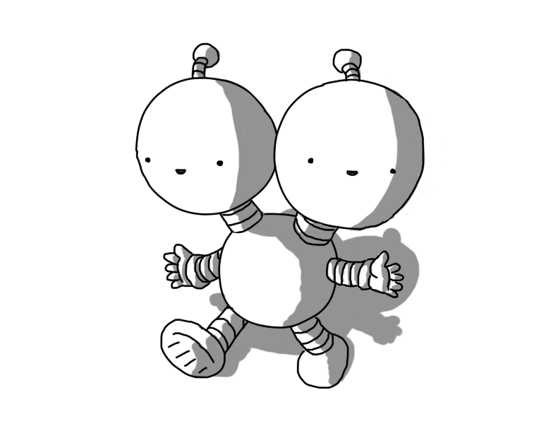 A robot with a small, spherical body and banded arms and legs. Two short necks each support a round, smiling head with an antenna.