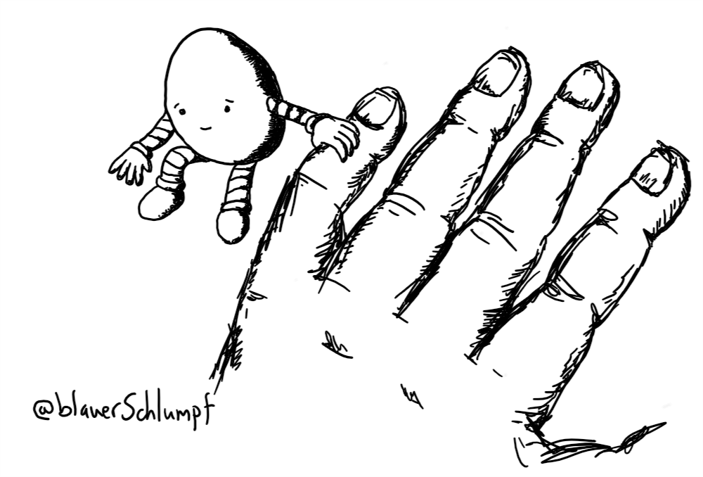 An egg-shaped robot sitting next to a human hand, holding onto the little finger and smiling reassuringly.