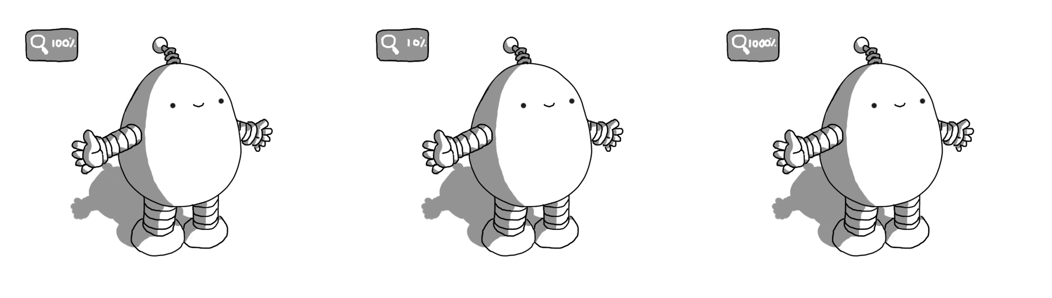 An ovoid robot with banded arms and legs and a coiled antenna. It's standing with its arms spread and a happy expression on its face. The robot is repeated three times, with a small, rounded rectangle to the top left of each, showing a magnifying glass. From left to right, the boxes are labelled "100%", "10%" and "1000%". The image is identical for each magnification.