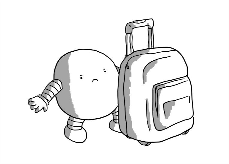 A round robot with banded arms and legs frowning angrily at a small, wheeled suitcase that is slightly larger than itself.
