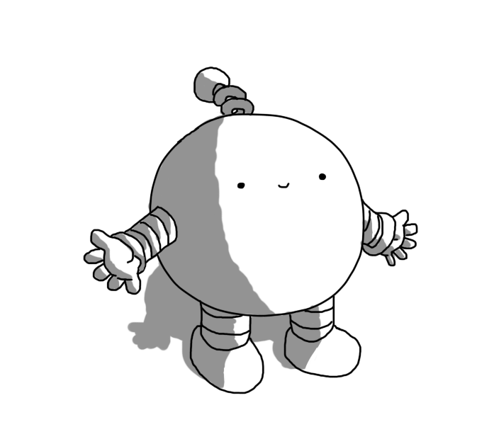 A spherical robot with banded arms and legs and a coiled antenna, holding outs its arms and smiling.